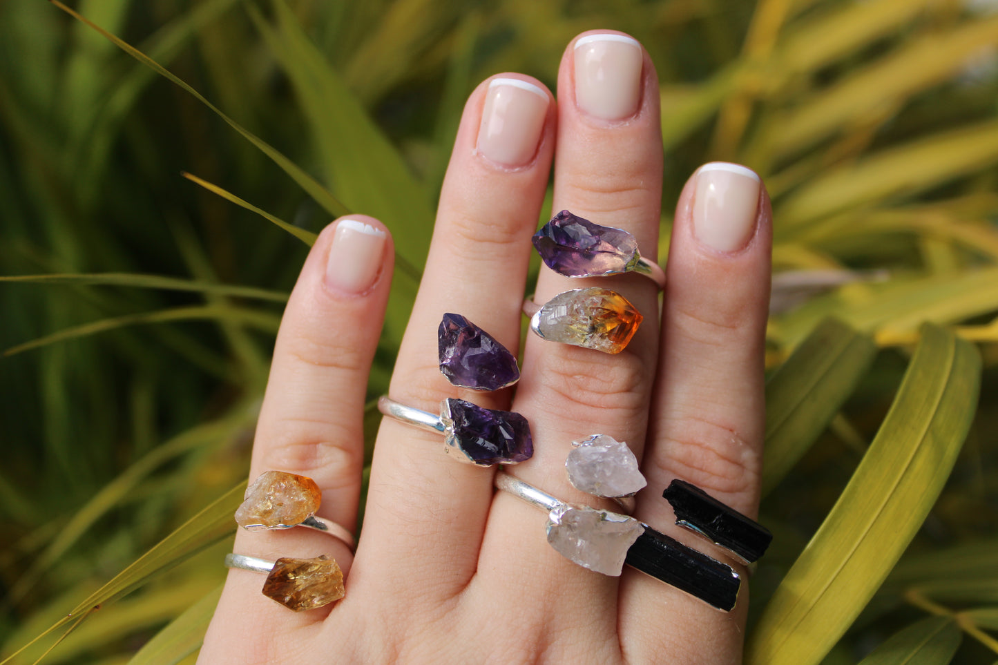 Adjustable double raw stone ring