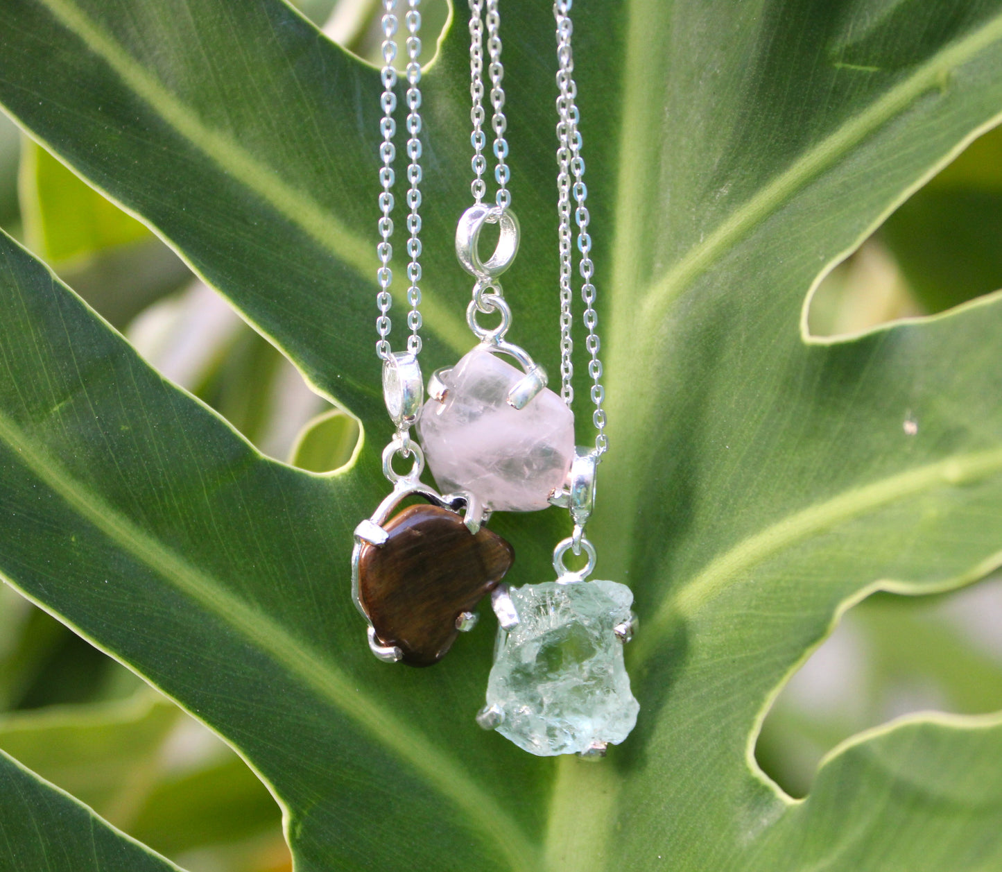 Raw stone pendant, Tiger eye, rose quartz aquamarine
