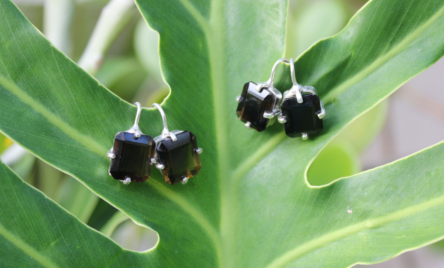 Smoky quartz rectangle hook earrings