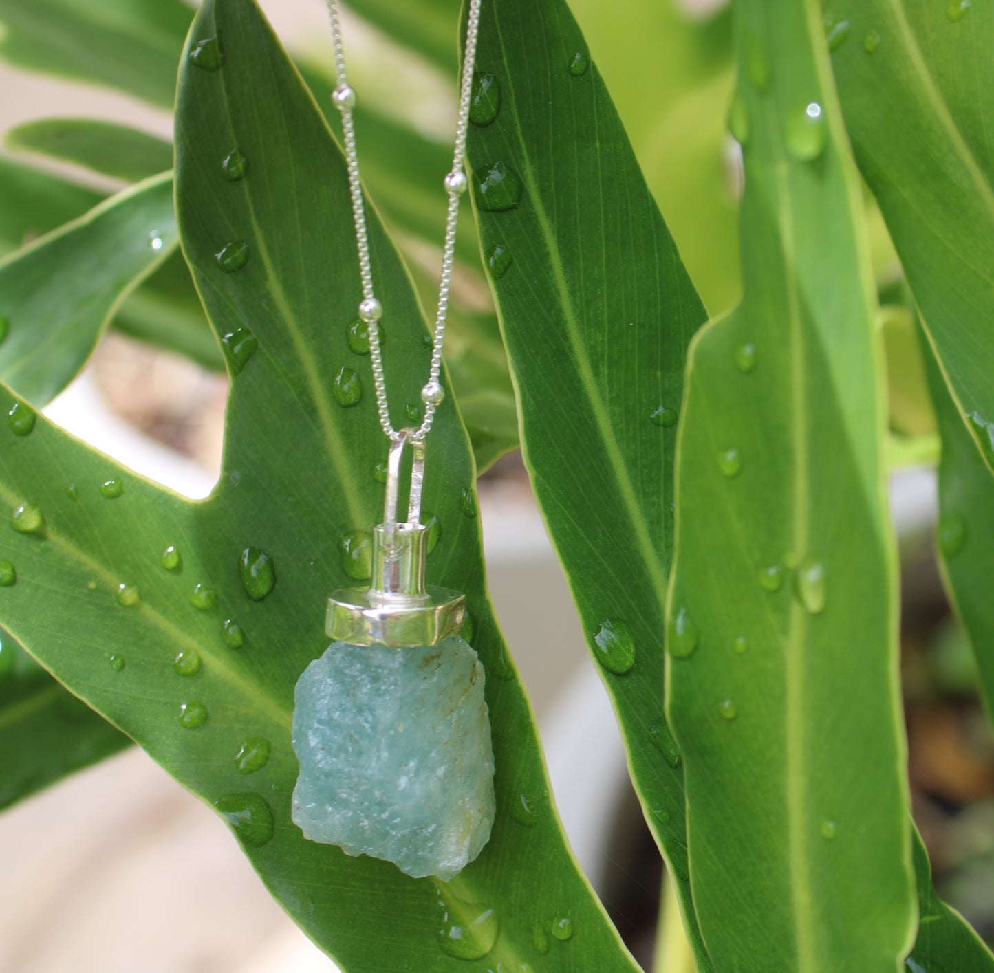 Raw aquamarine diffuser necklace
