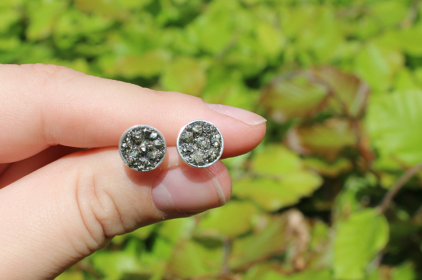 Pyrite stud earring with silver