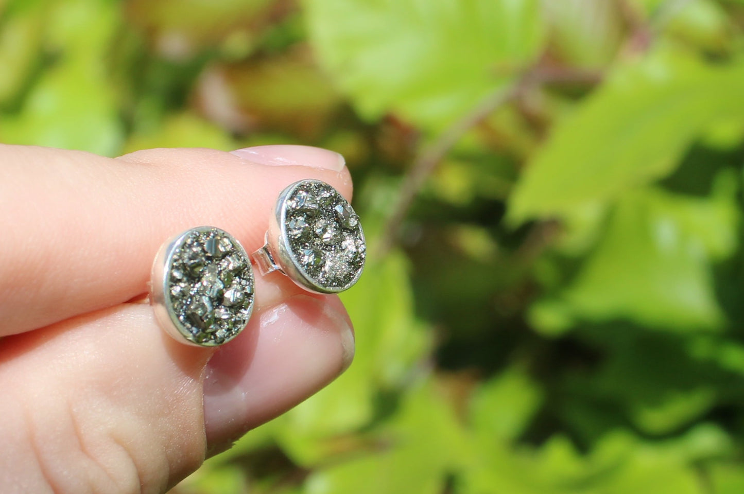 Pyrite stud earring with silver